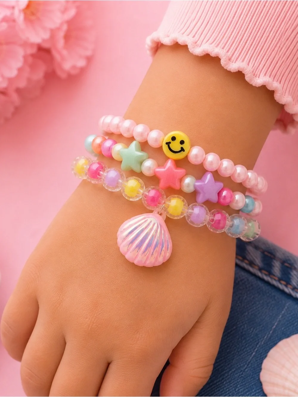 Mermaid Bracelet Set for Girls | Smiley Face & Shell Charm Stackable NEW